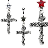Jeweled Star Navel Ring with Dangling Skull Cross