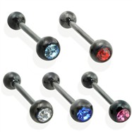 Black titanium anodized straight barbell with one jeweled ball, 14 ga