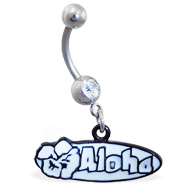 Jeweled Navel Ring with Dangling "Aloha" Sign