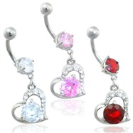 Jeweled navel ring with dangling jeweled heart with large gem
