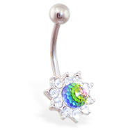 Jeweled flower belly ring with rainbow crystal ball