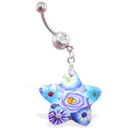 Belly ring with dangling murano style rubber jeweled star