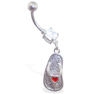 Navel ring with dangling flipflop with small jeweled red heart