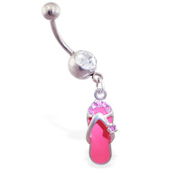 Navel ring with dangling pink flipflop with flower