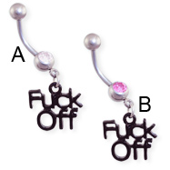Jeweled belly ring with dangling black "F*CK OFF"