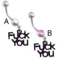 Jeweled belly ring with dangling "F*CK YOU"