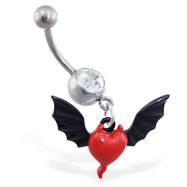 Belly ring with dangling red devil heart and wings