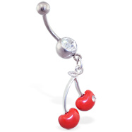 Jeweled navel ring with dangling red cherries with gem