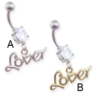 Jeweled belly ring with dangling word "Lover"
