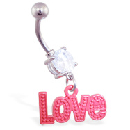 Jeweled belly ring with dangling red "Love"