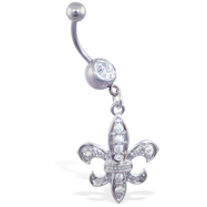 Belly ring with dangling jeweled Fleur-De-Lis