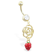 Gold Tone belly ring with dangling rose outline and strawberry