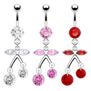 Navel ring with jeweled cherry dangle