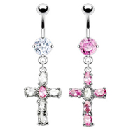 Jeweled navel ring with dangling two-tone jeweled cross