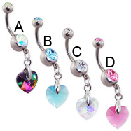 Double jeweled navel ring with dangling colorful crystal prism heart