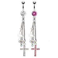 Navel ring with dangling jeweled crosses