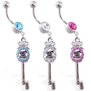 Navel ring with dangling jeweled "Juicy" key