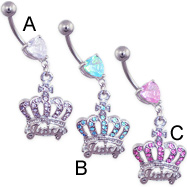 Jeweled heart navel ring with dangling jeweled crown with "Juicy"