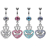 Navel ring with dangling jeweled crown heart with "JUICY"