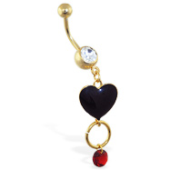 Gold Tone belly ring with dangling black heart, circle and red gem