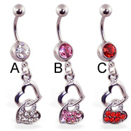 Jeweled navel ring with double heart dangle