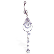 Jeweled navel ring with long jeweled teardrop dangle