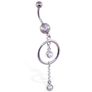 Jeweled navel ring with dangling circle and pearls