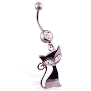 Navel ring with dangling jeweled steel cat
