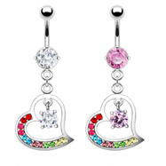 Jeweled navel ring with dangling multi-color heart
