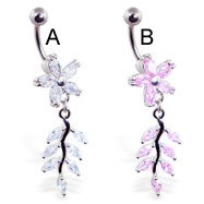 Flower belly ring with dangling jeweled vine