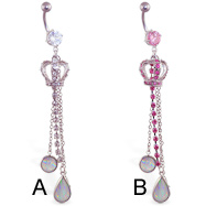 Belly ring with dangling jeweled crown and opal beads