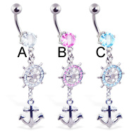 Jeweled belly ring with dangling ship's wheel and anchor