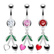 Belly ring with dangling cherry hearts
