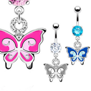 Jeweled navel ring with dangling colored butterfly