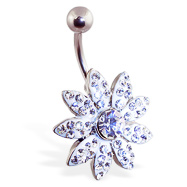 Large jeweled paved flower belly ring