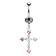 Jeweled navel ring with dangling pink jeweled cross