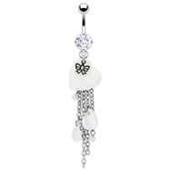 Navel ring with dangling white heart, chains and bow