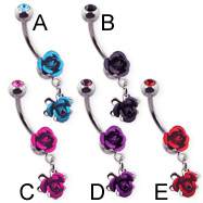 Metal rose belly ring with dangling rose and jeweled top ball