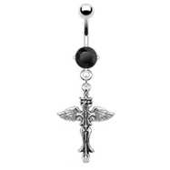 Navel ring with dangling cross with wings