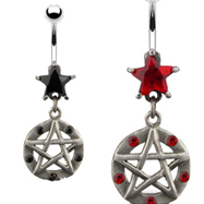 Jeweled star belly ring with dangling jeweled gothic pentacle