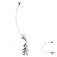 Super long flexible bioplast belly ring with dangling jeweled boy