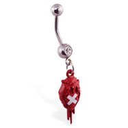 Navel ring with dangling red bloody patched heart