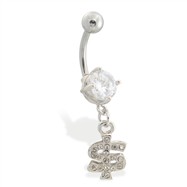 Navel ring with dangling jeweled dollar sign
