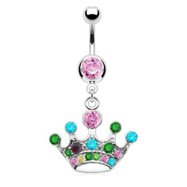 Pink jeweled belly ring with dangling multi-color crown