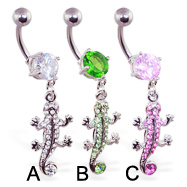 Navel ring with dangling pave jeweled lizard