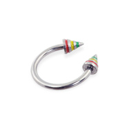 Stainless Steel Circular (Horseshoe) Barbell With Rasta Colored Epoxy Striped Cones, 16 Ga