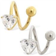 14K Yellow Gold Twister Barbell with CZ Heart