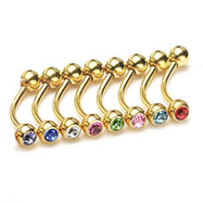 Gold Tone 5/16"(8mm) long eyebrow ring with jeweled CZ balls, 16 ga