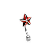 Curved barbell with black and red star top, 16 ga
