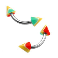 Curved barbell with rasta colored cones, 16 ga